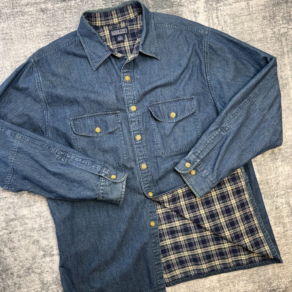 Vintage Eddie Bauer Denim Shirt Mens Medium Flannel Lined Overshirt Chore Work